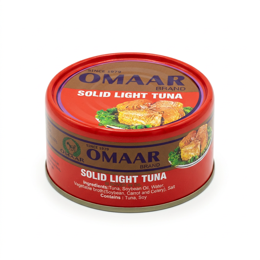 Close-up of Omaar tuna can on a white background