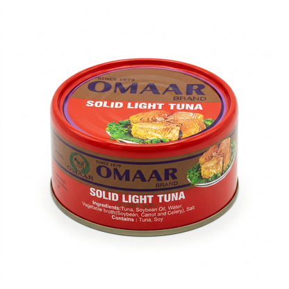 Close-up of Omaar tuna can on a white background
