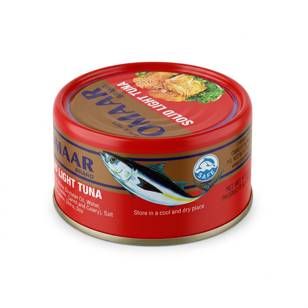 Side view of Omaar tuna can on a white background