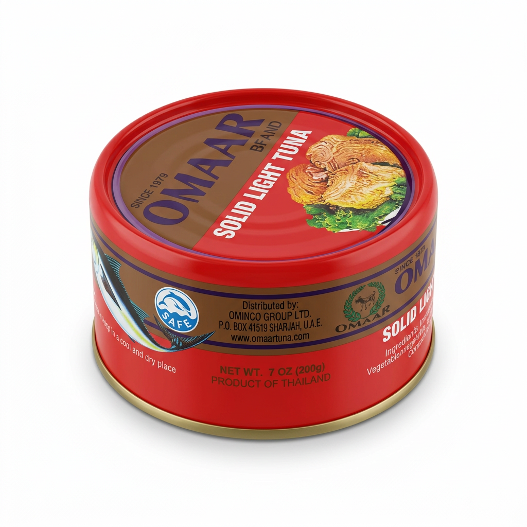 Angled view of Omaar tuna can on a white background