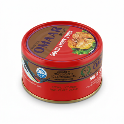 Angled view of Omaar tuna can on a white background